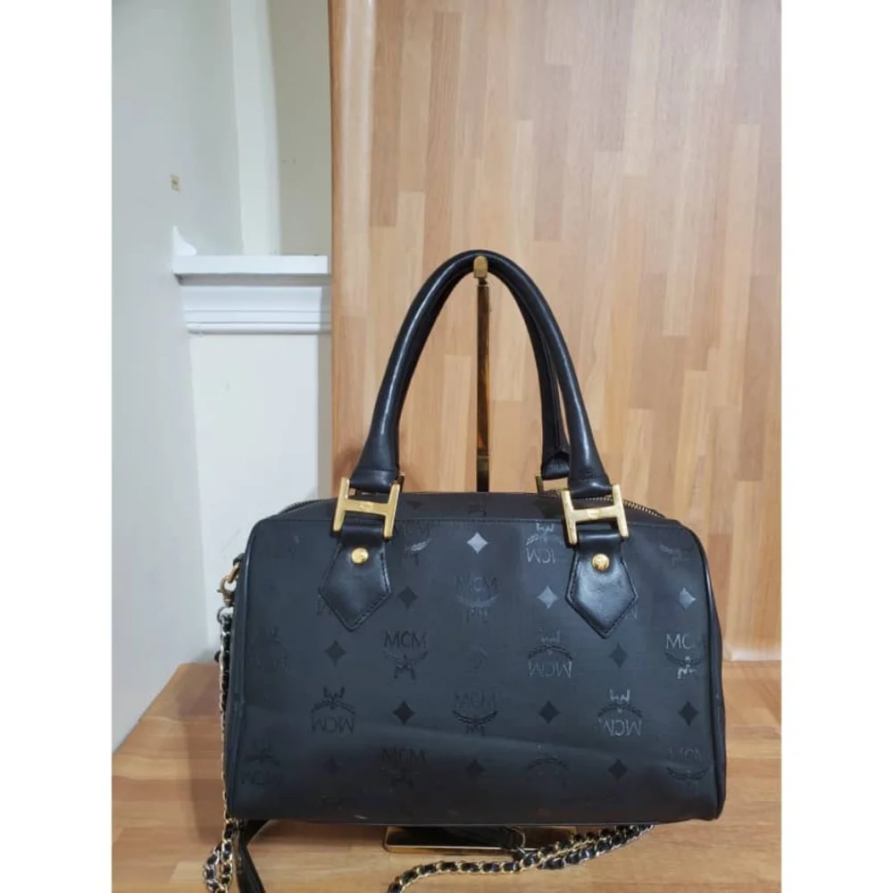 Authentic MCM Signature Visetos Monogram Boston Bag with Strap